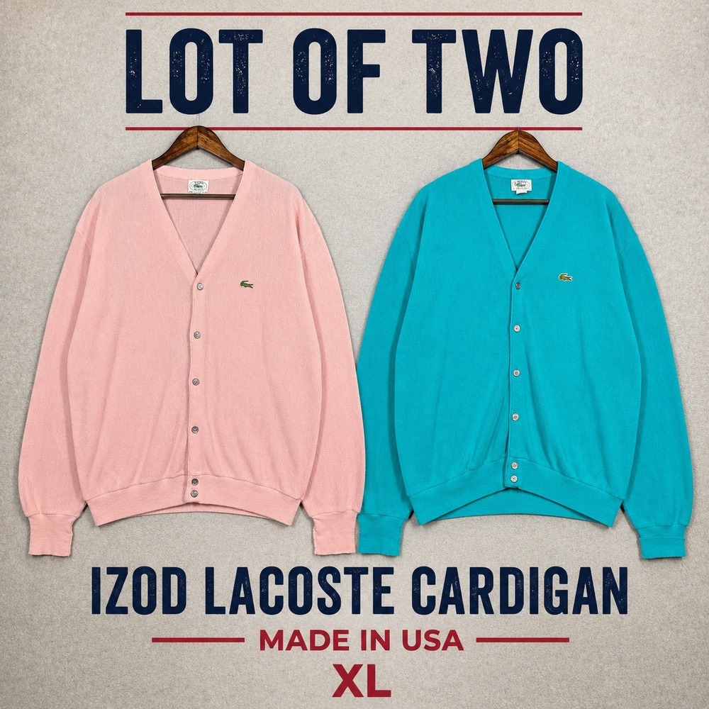 Vintage Izod Lacoste Cardigan Lot of 2 Pink Teal XL Made USA Acrylic Crocodile